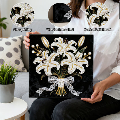 Blooming Flowers - DIY Pearl Gem Art Diamond Painting Kits With Framefor Home Decor -25x25cm