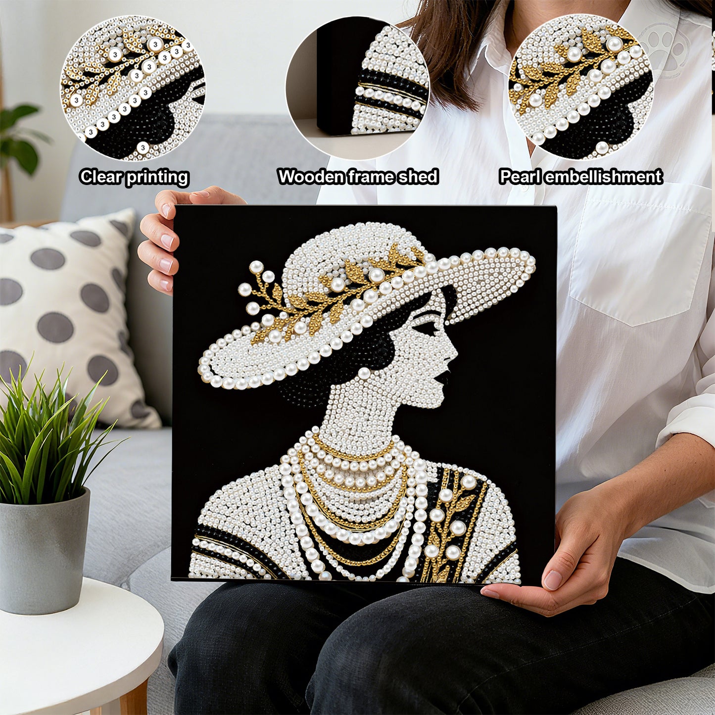 Lady - DIY Pearl Gem Art Diamond Painting Kits With Framefor Home Decor -25x25cm