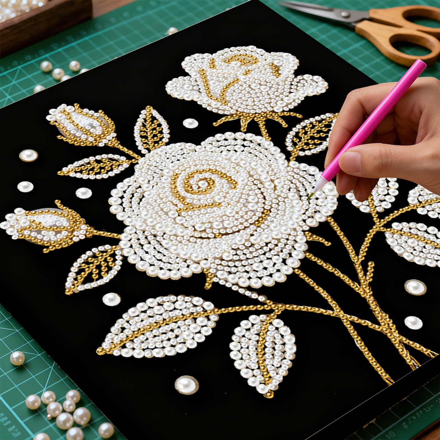 Rose - DIY Pearl Gem Art Diamond Painting Kits With Framefor Home Decor -25x25cm