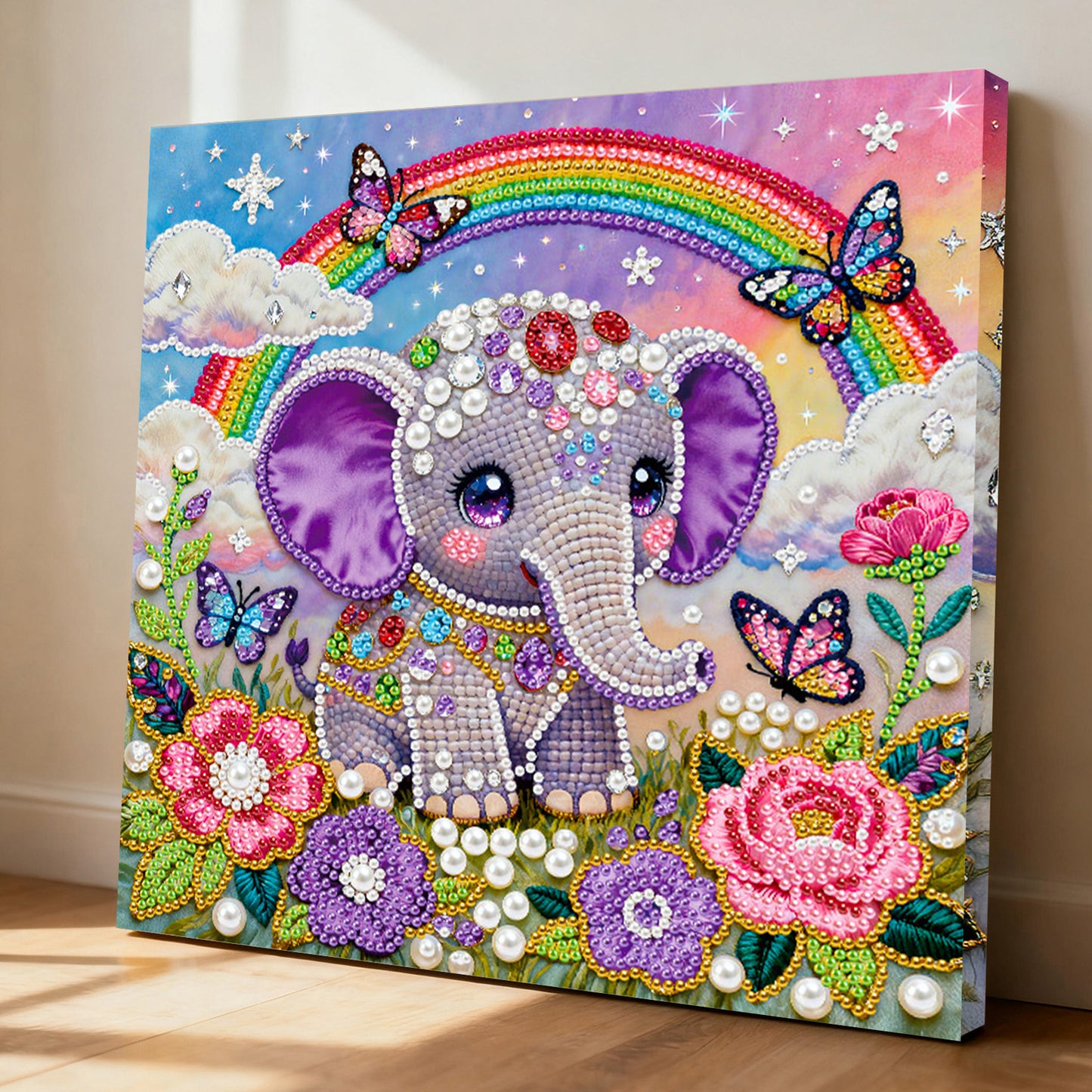 Butterfly Rainbow Elephant - DIY Pearl Gem Art Diamond Painting Kits With Framefor Home Decor -25x25cm