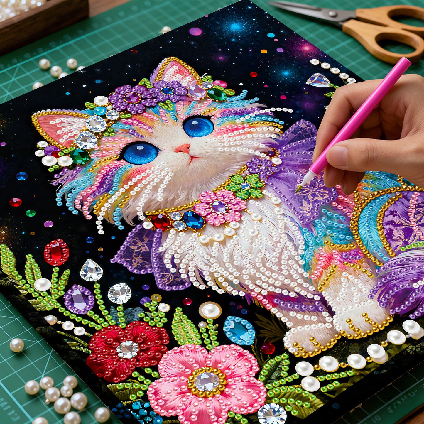 Kitty - DIY Pearl Gem Art Diamond Painting Kits With Framefor Home Decor -25x25cm