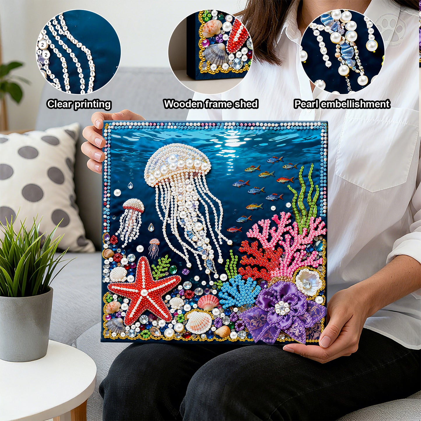 Jellyfish - DIY Pearl Gem Art Diamond Painting Kits With Framefor Home Decor -25x25cm