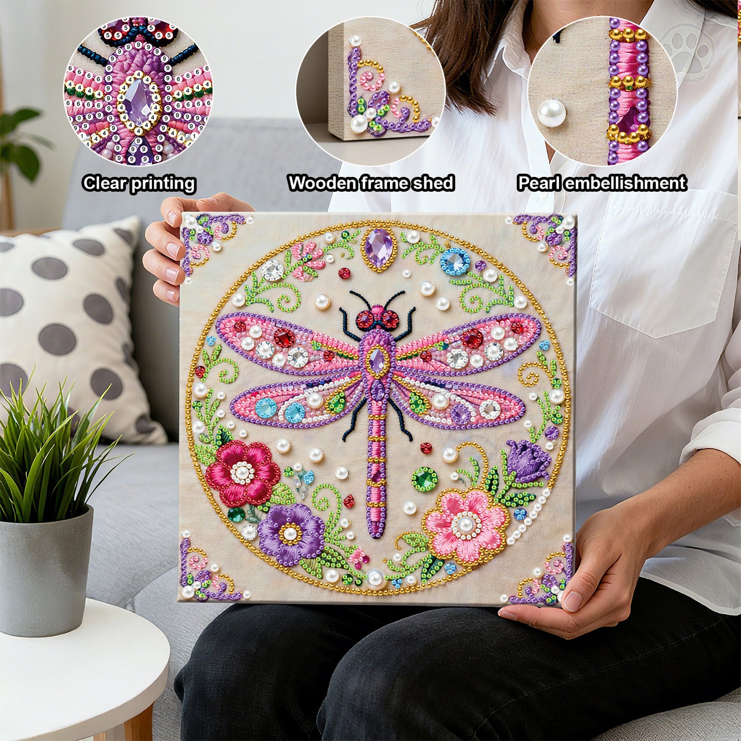 Dragonfly - DIY Pearl Gem Art Diamond Painting Kits With Framefor Home Decor -25x25cm