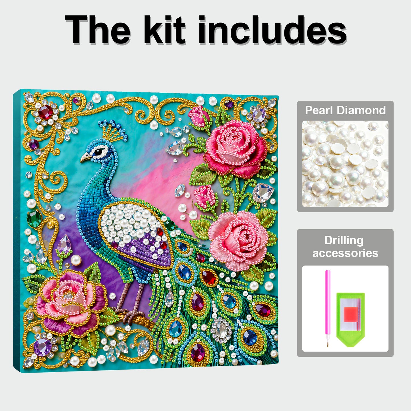 Peacock - DIY Pearl Gem Art Diamond Painting Kits With Framefor Home Decor -25x25cm