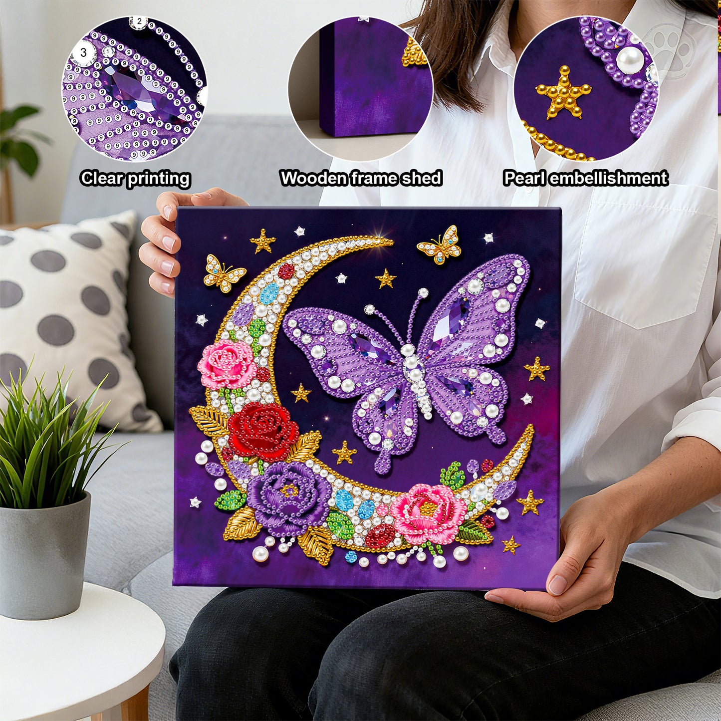 Moon Butterfly - DIY Pearl Gem Art Diamond Painting Kits With Framefor Home Decor -25x25cm