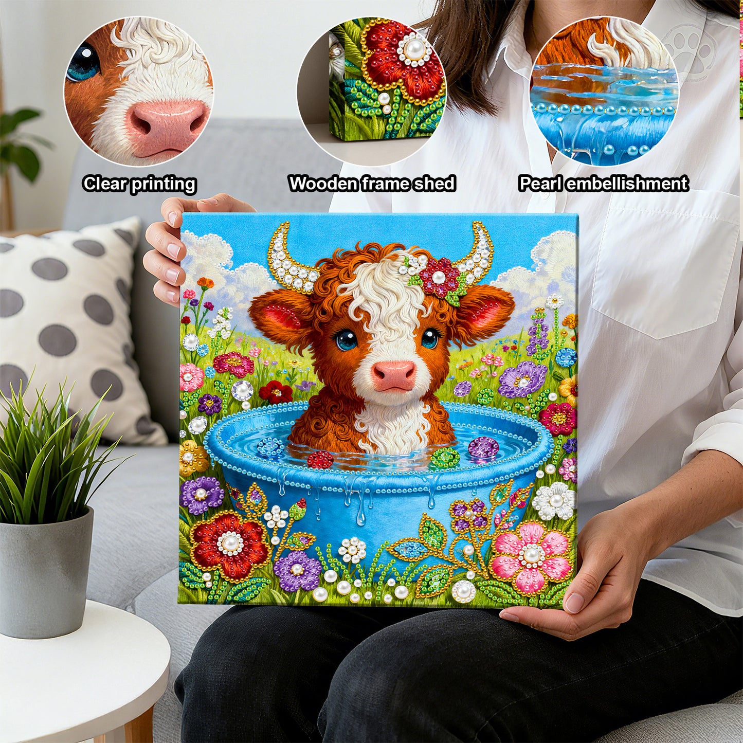 Calf - DIY Pearl Gem Art Diamond Painting Kits With Framefor Home Decor -25x25cm