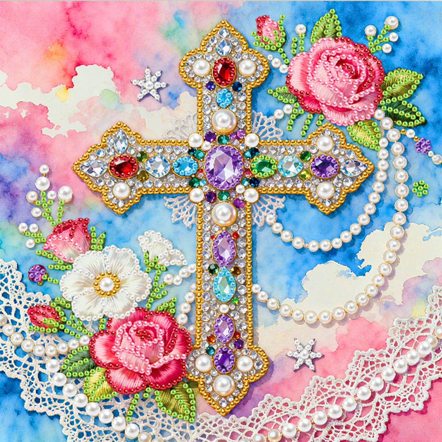 Cross - DIY Pearl Gem Art Diamond Painting Kits With Framefor Home Decor -25x25cm