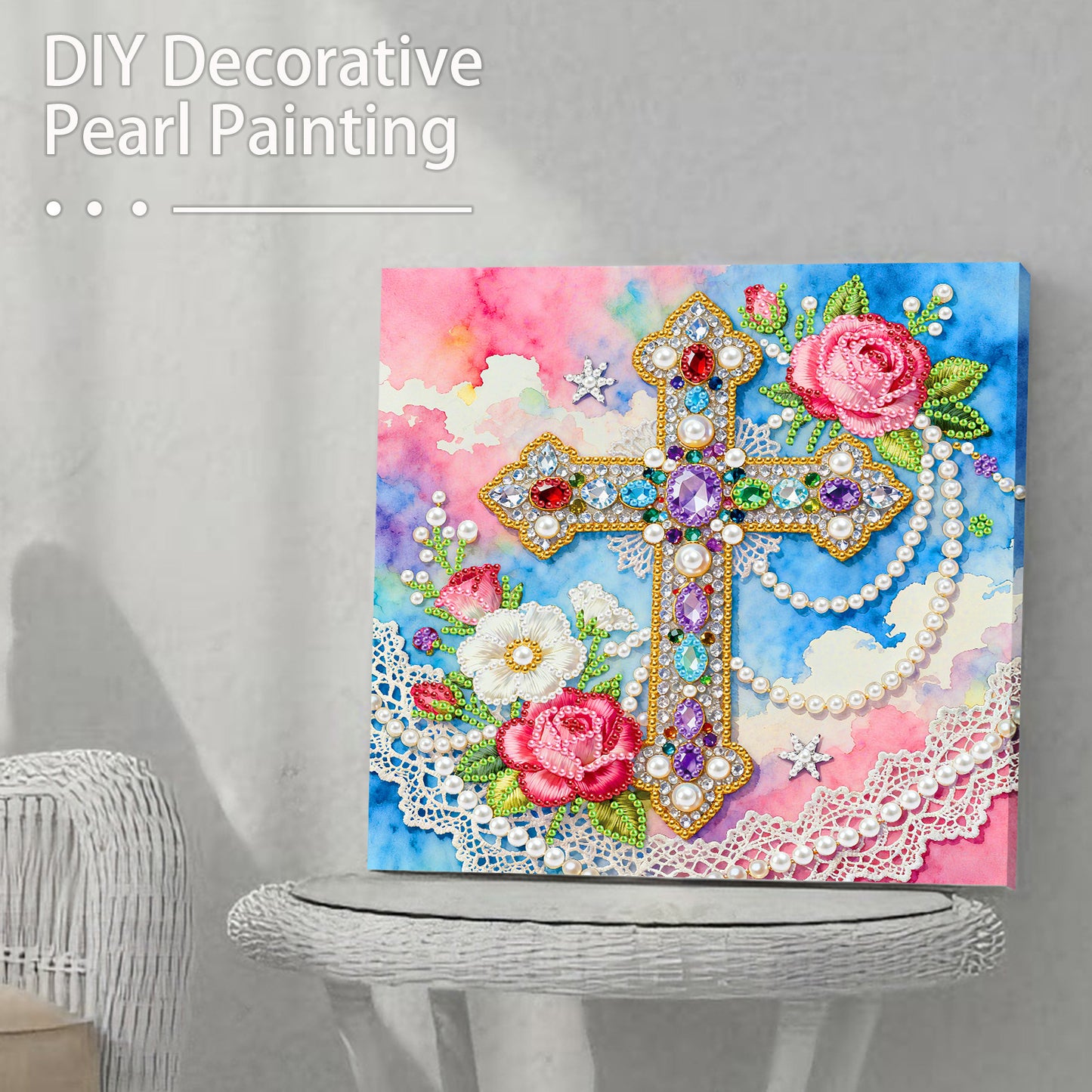 Cross - DIY Pearl Gem Art Diamond Painting Kits With Framefor Home Decor -25x25cm
