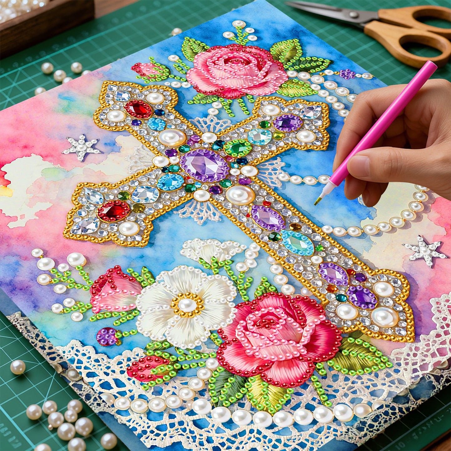 Cross - DIY Pearl Gem Art Diamond Painting Kits With Framefor Home Decor -25x25cm