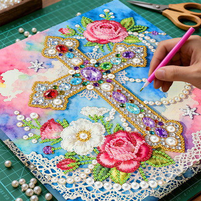 Cross - DIY Pearl Gem Art Diamond Painting Kits With Framefor Home Decor -25x25cm