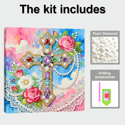 Cross - DIY Pearl Gem Art Diamond Painting Kits With Framefor Home Decor -25x25cm