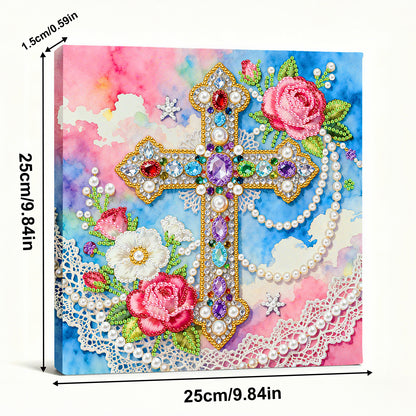 Cross - DIY Pearl Gem Art Diamond Painting Kits With Framefor Home Decor -25x25cm