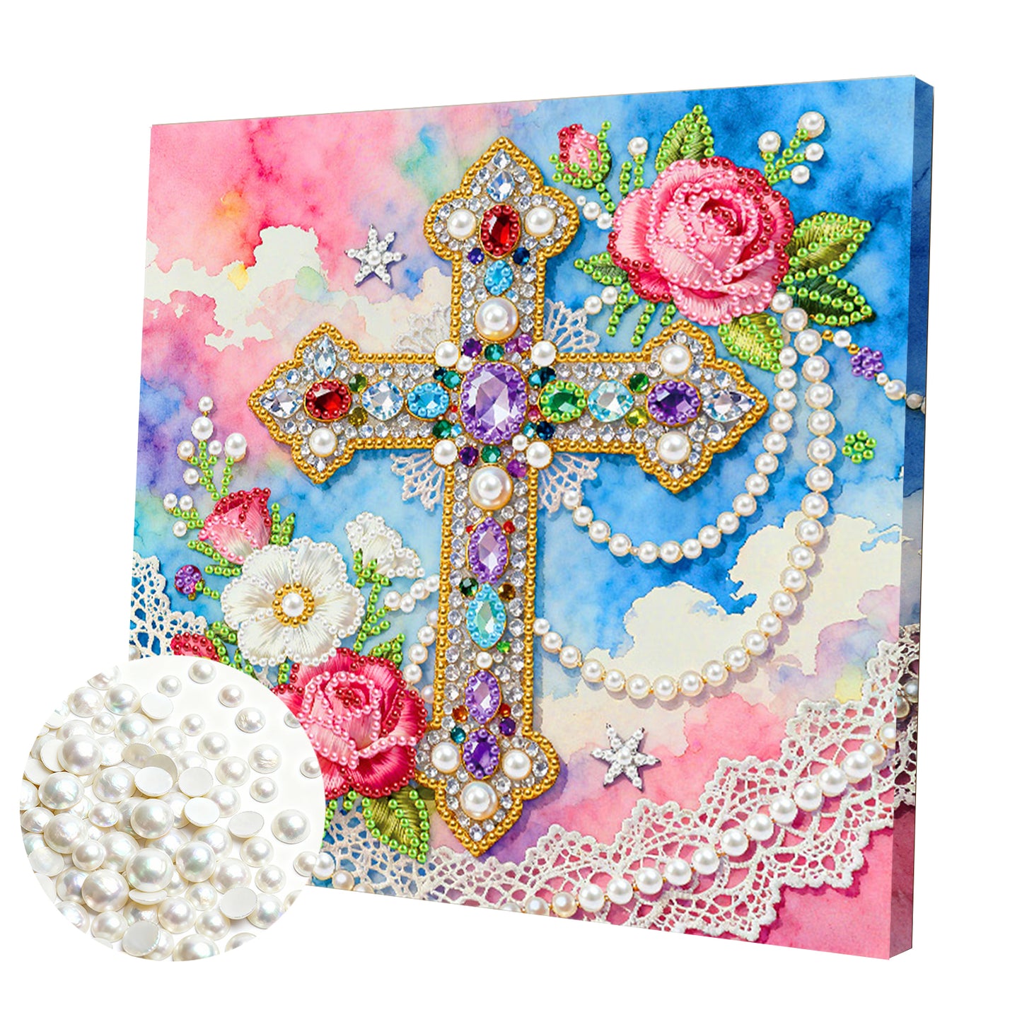 Cross - DIY Pearl Gem Art Diamond Painting Kits With Framefor Home Decor -25x25cm