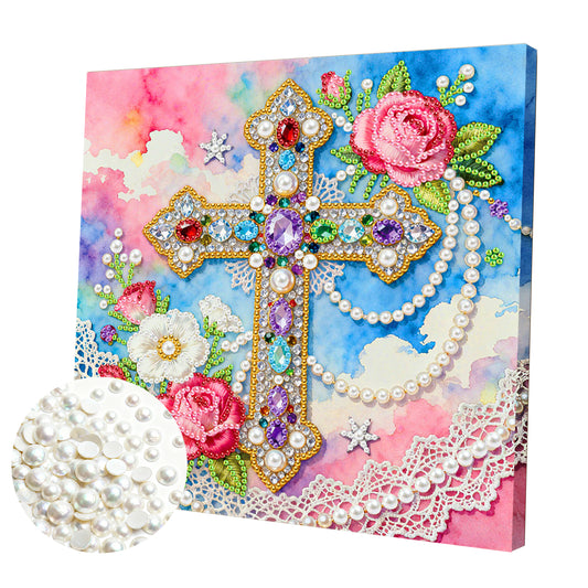 Cross - DIY Pearl Gem Art Diamond Painting Kits With Framefor Home Decor -25x25cm