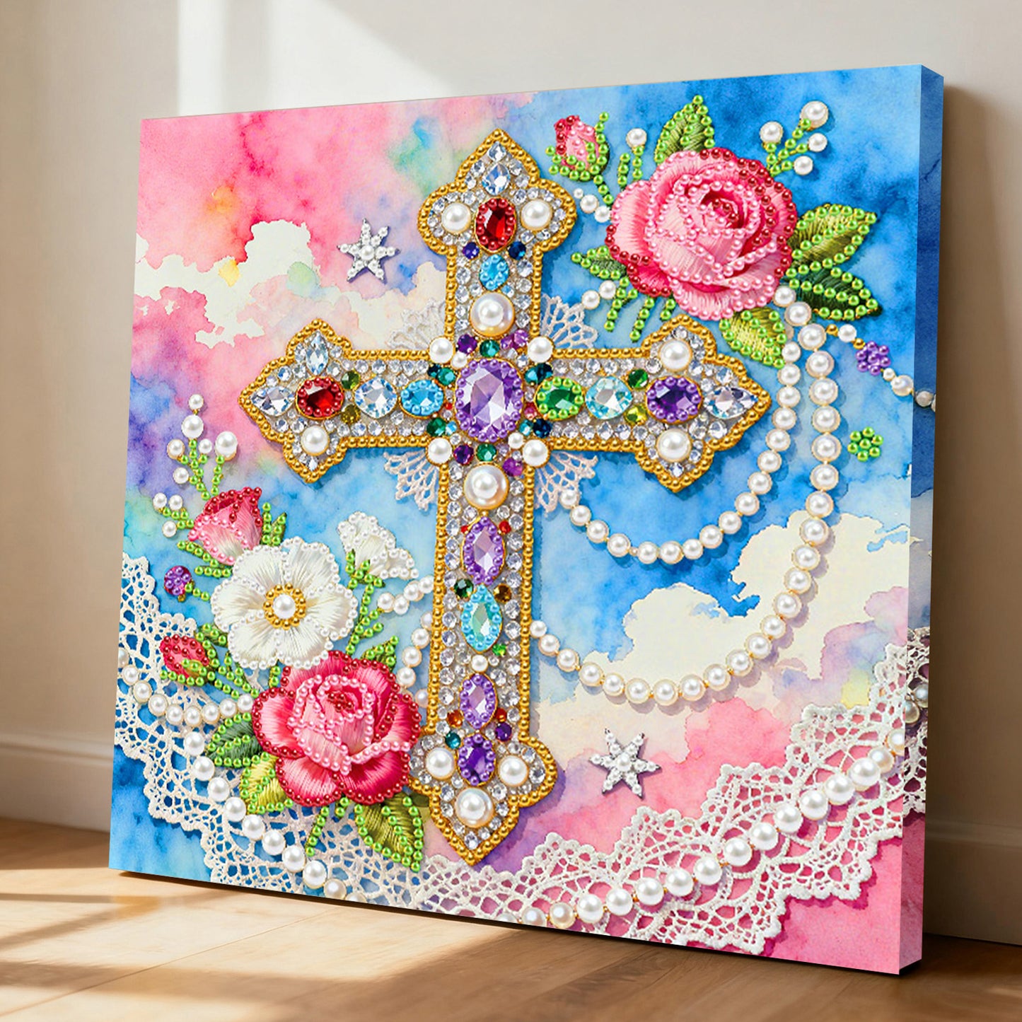 Cross - DIY Pearl Gem Art Diamond Painting Kits With Framefor Home Decor -25x25cm