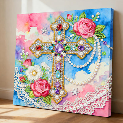 Cross - DIY Pearl Gem Art Diamond Painting Kits With Framefor Home Decor -25x25cm