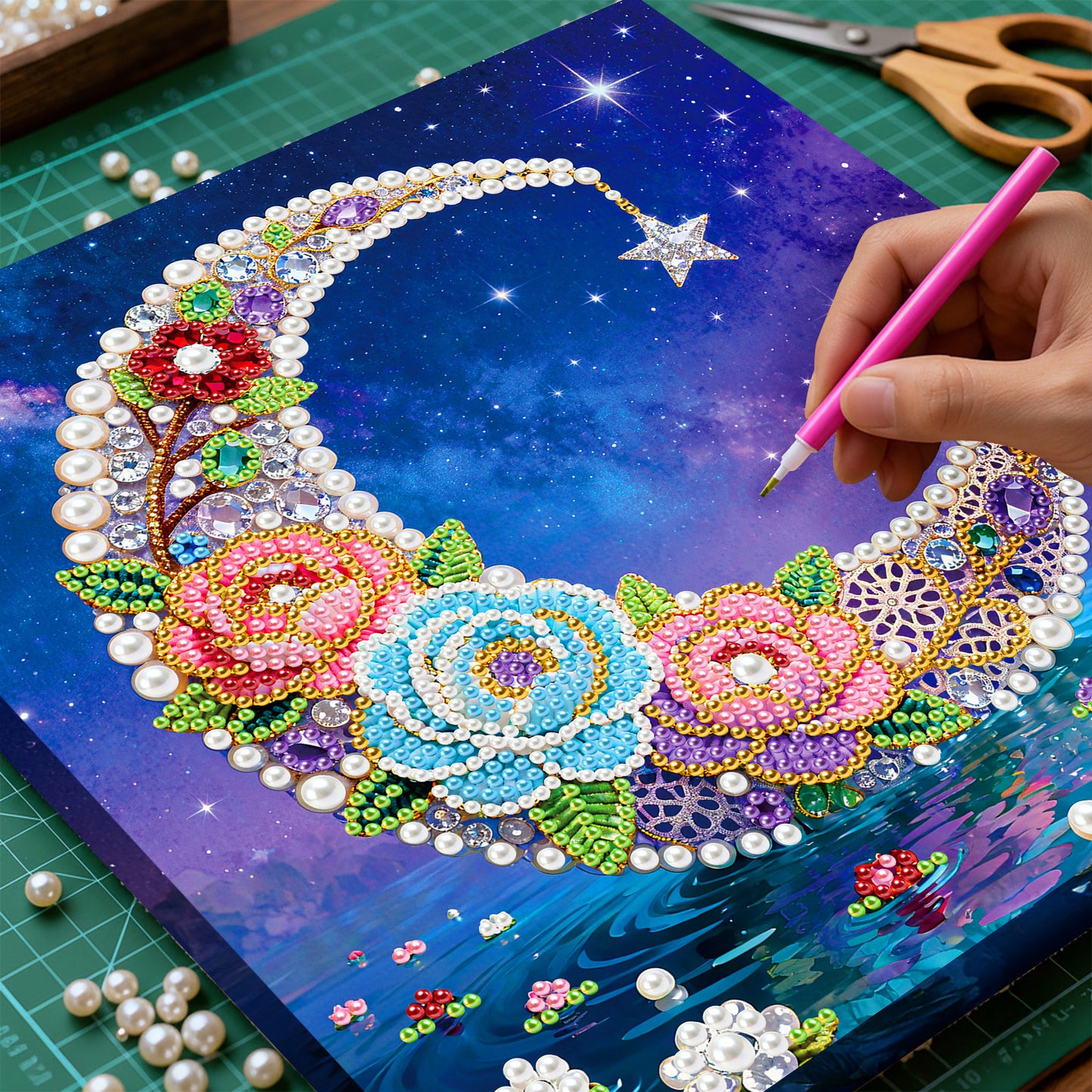 Moon - DIY Pearl Gem Art Diamond Painting Kits With Framefor Home Decor -25x25cm