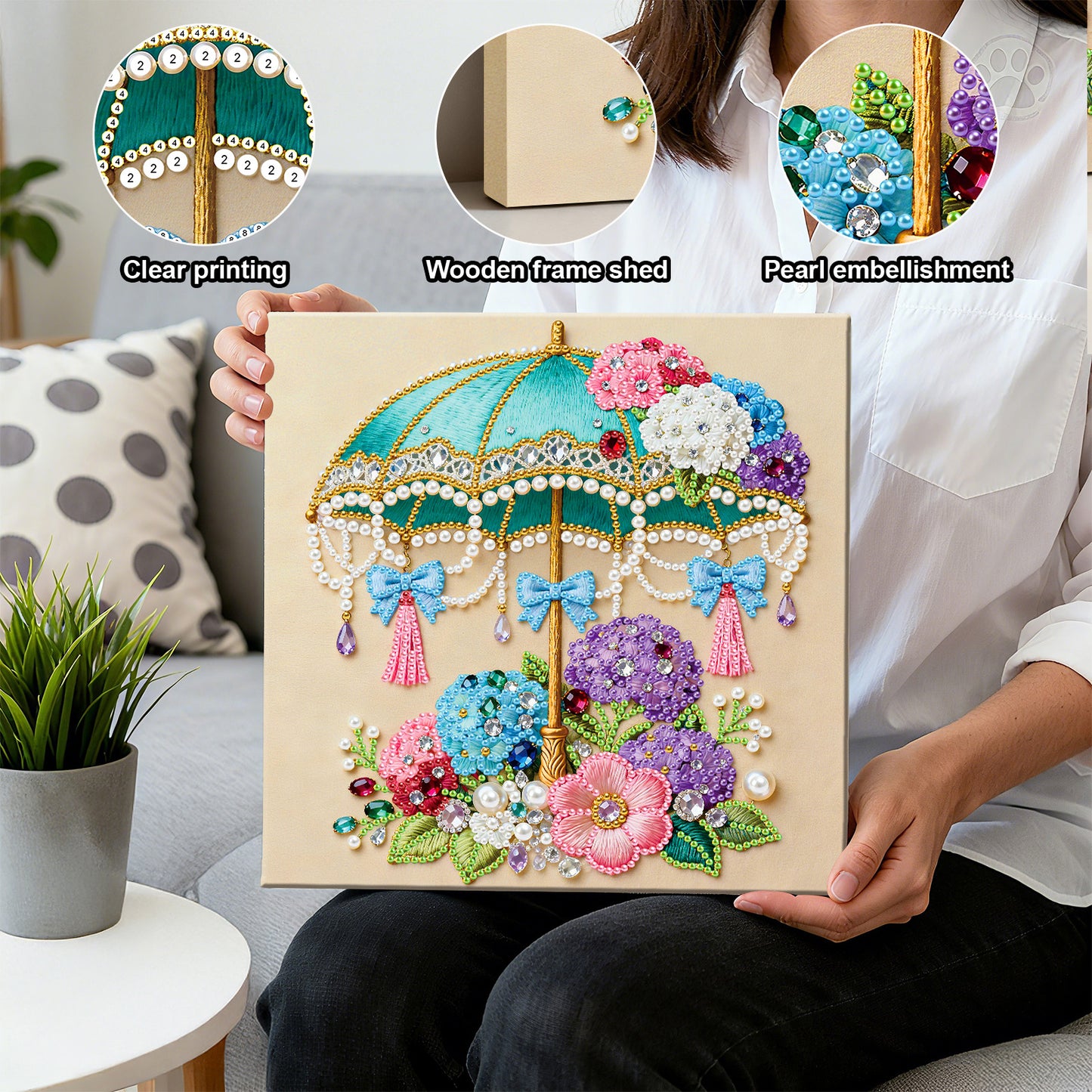 Flower Umbrella - DIY Pearl Gem Art Diamond Painting Kits With Framefor Home Decor -25x25cm