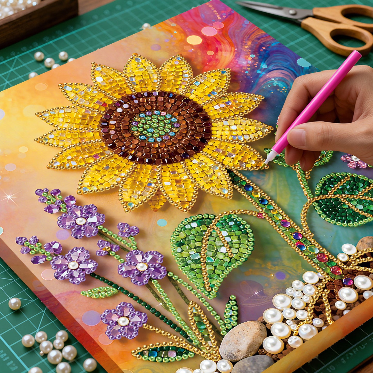 Sunflower - DIY Pearl Gem Art Diamond Painting Kits With Framefor Home Decor -25x25cm