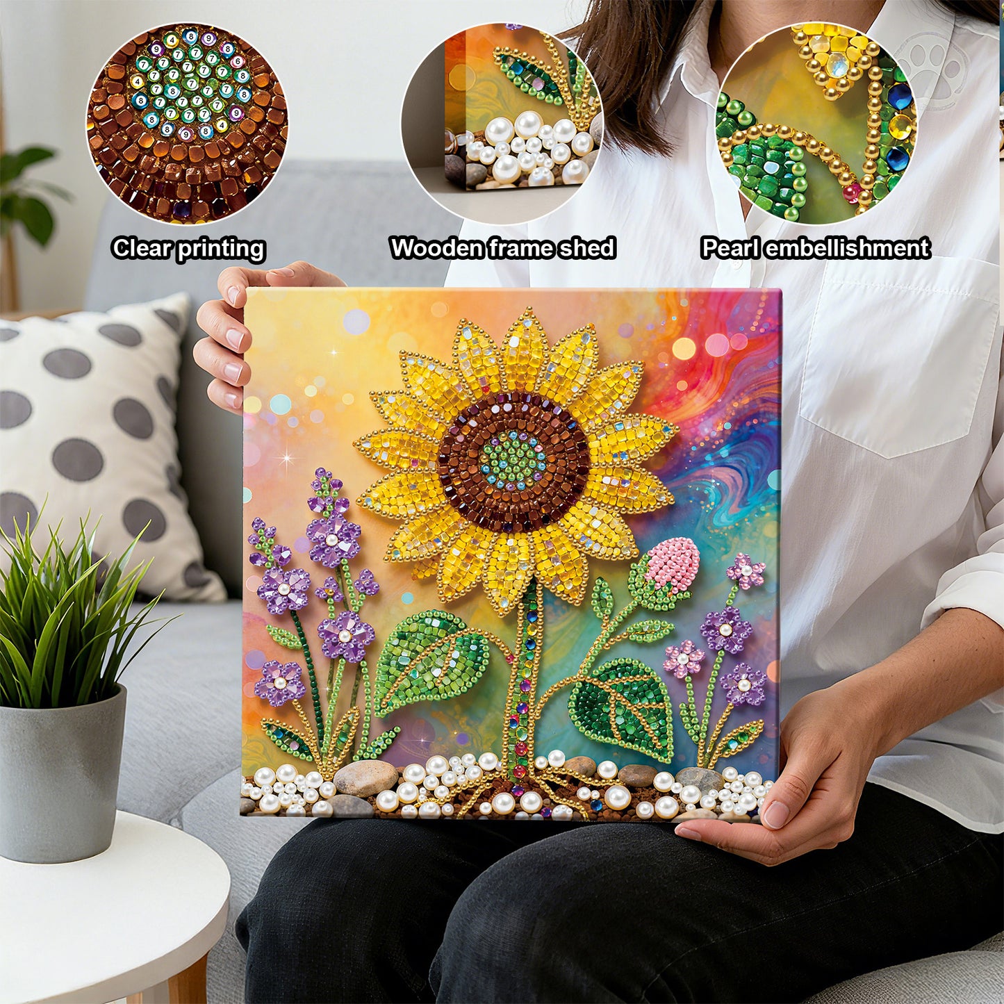 Sunflower - DIY Pearl Gem Art Diamond Painting Kits With Framefor Home Decor -25x25cm