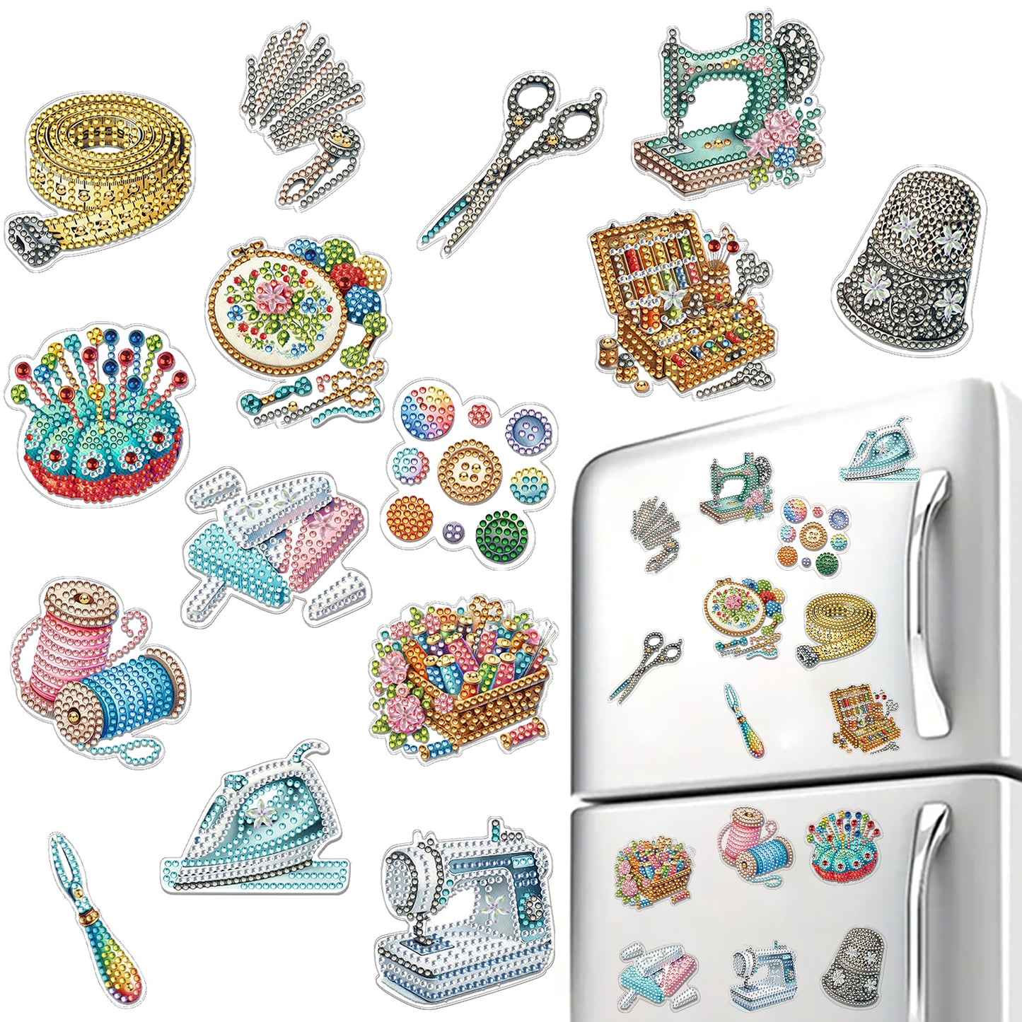 15pcs Sewing Tool 2D Acrylic DIY Diamond Art Fridge Magnet Kit for Home Decor