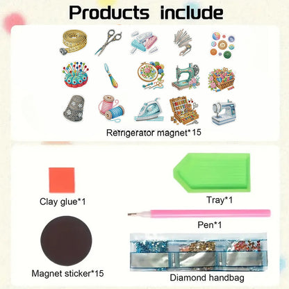 15pcs Sewing Tool 2D Acrylic DIY Diamond Art Fridge Magnet Kit for Home Decor