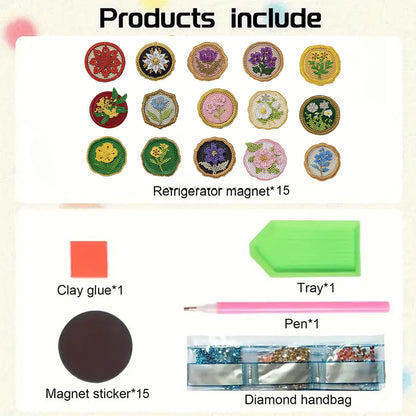 15pcs Flower 2D Acrylic DIY Diamond Art Fridge Magnet Kit for Home Car Decor