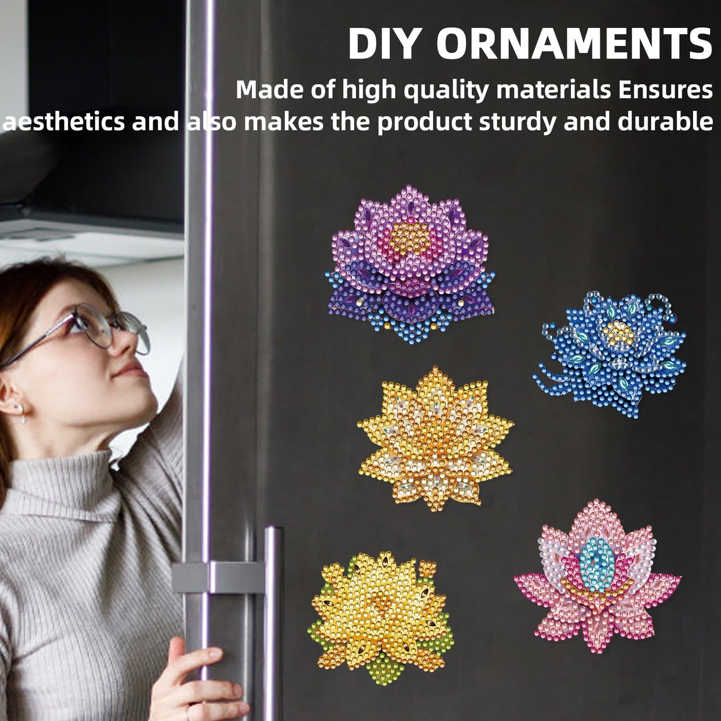 15pcs Lotus 2D Acrylic DIY Diamond Art Fridge Magnet Kit for Home Car Decor