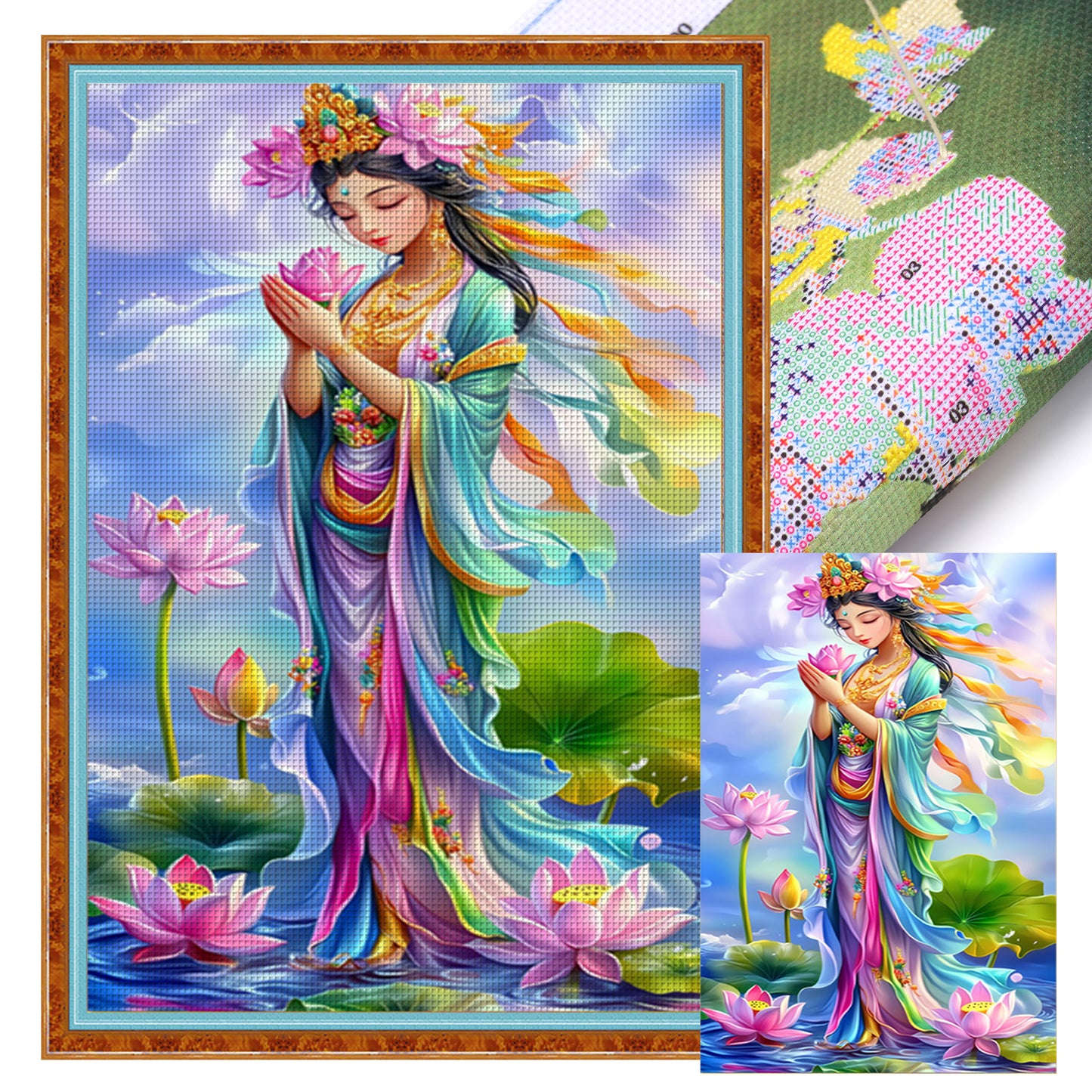 Golden-Bodied Guanyin Bodhisattva With Pink Lotus - 11CT Stamped Cross Stitch 50*75CM(Mona Lisa Brand)