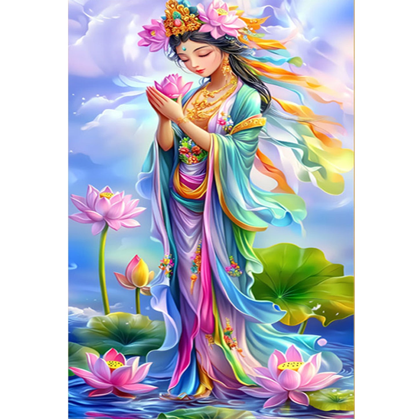 Golden-Bodied Guanyin Bodhisattva With Pink Lotus - 11CT Stamped Cross Stitch 50*75CM(Mona Lisa Brand)