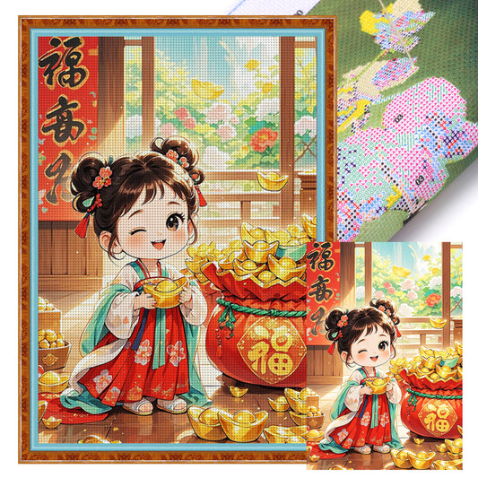 Lucky Bag Girl - 11CT Stamped Cross Stitch 50*70CM(Mona Lisa Brand)