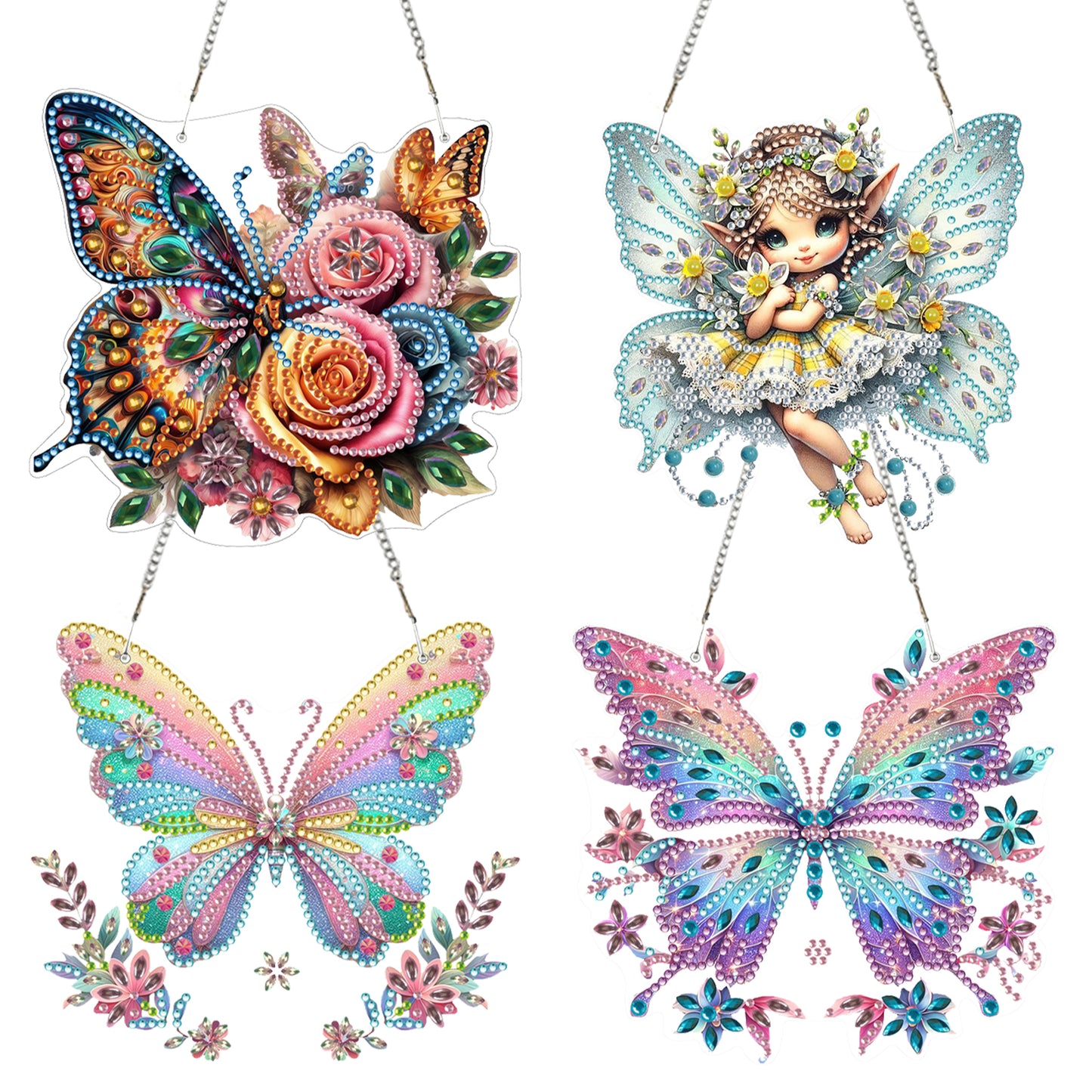 4pcs Fairy Butterfly DIY 2D Flat Acrylic Diamond Painting Pendant Kit Home Decor