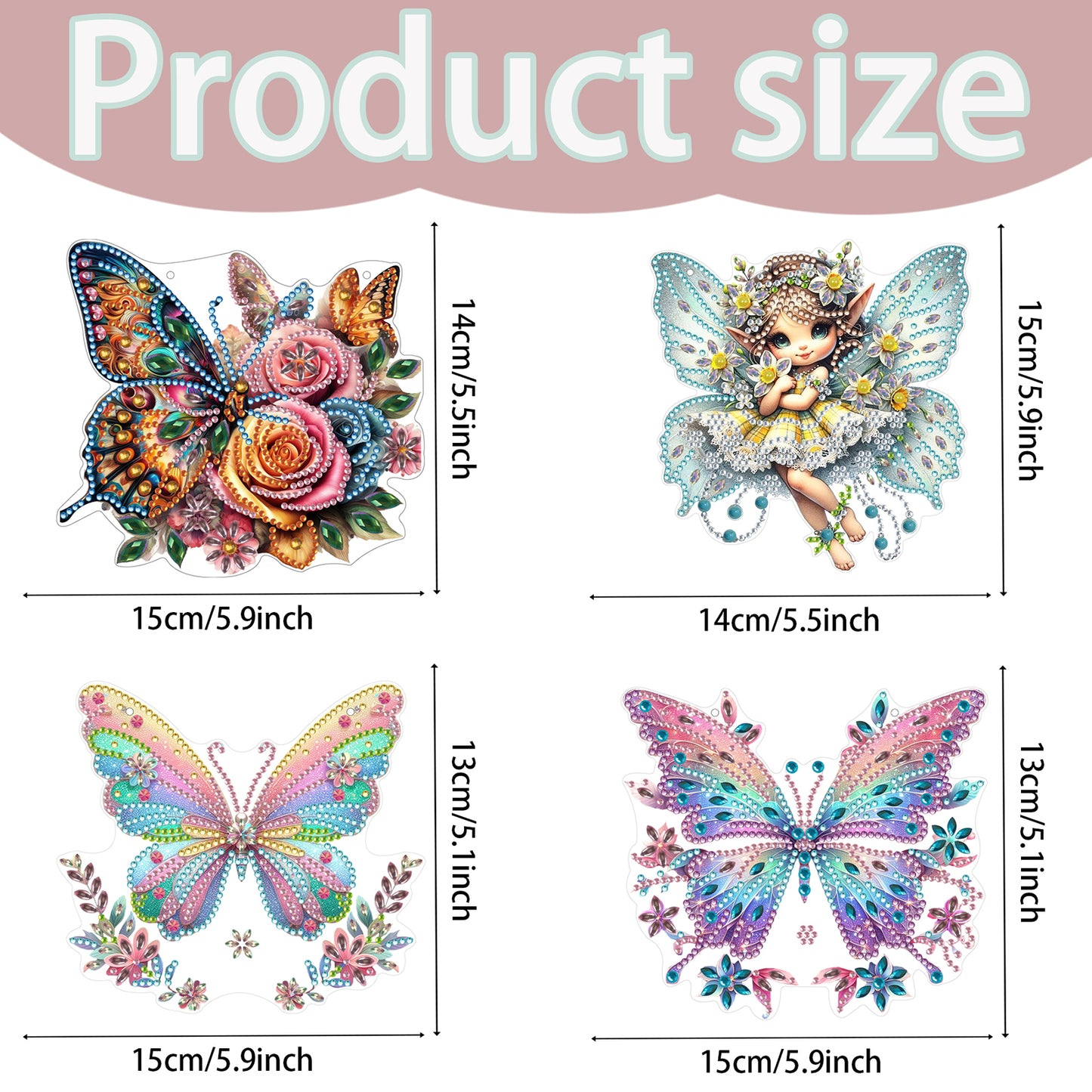 4pcs Fairy Butterfly DIY 2D Flat Acrylic Diamond Painting Pendant Kit Home Decor