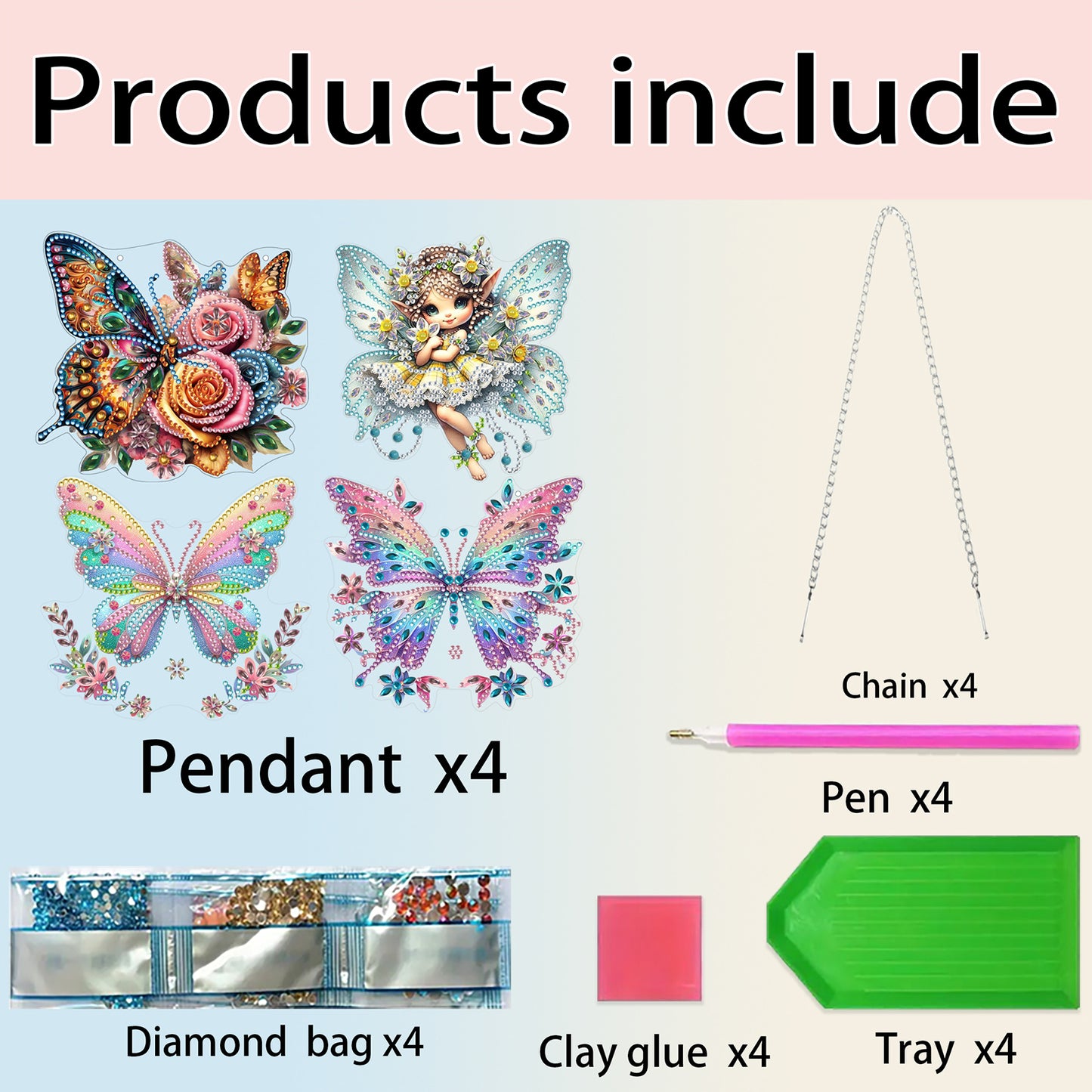4pcs Fairy Butterfly DIY 2D Flat Acrylic Diamond Painting Pendant Kit Home Decor
