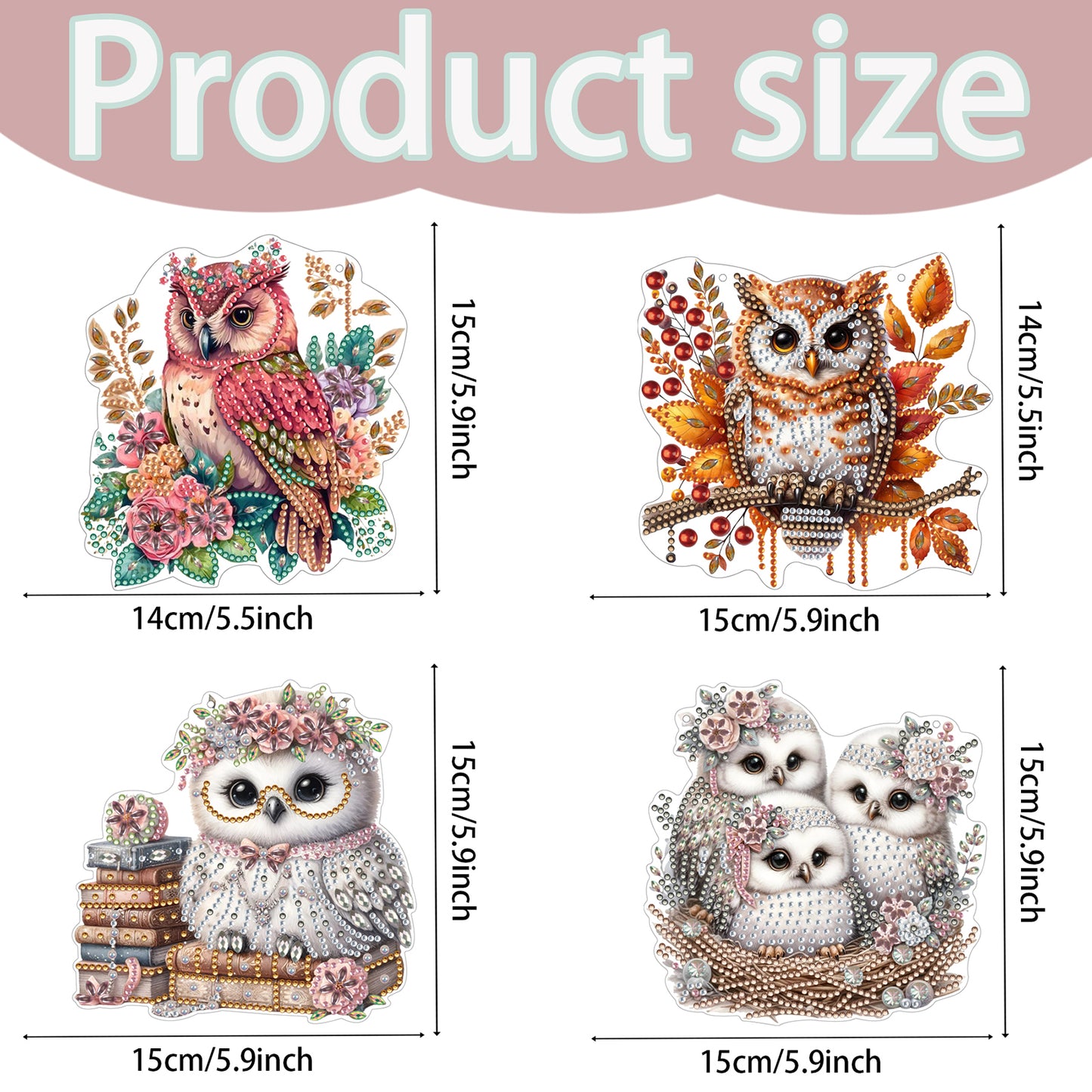 4pcs Owl DIY 2D Flat Acrylic Diamond Painting Pendant Kit for Adults Home Decor