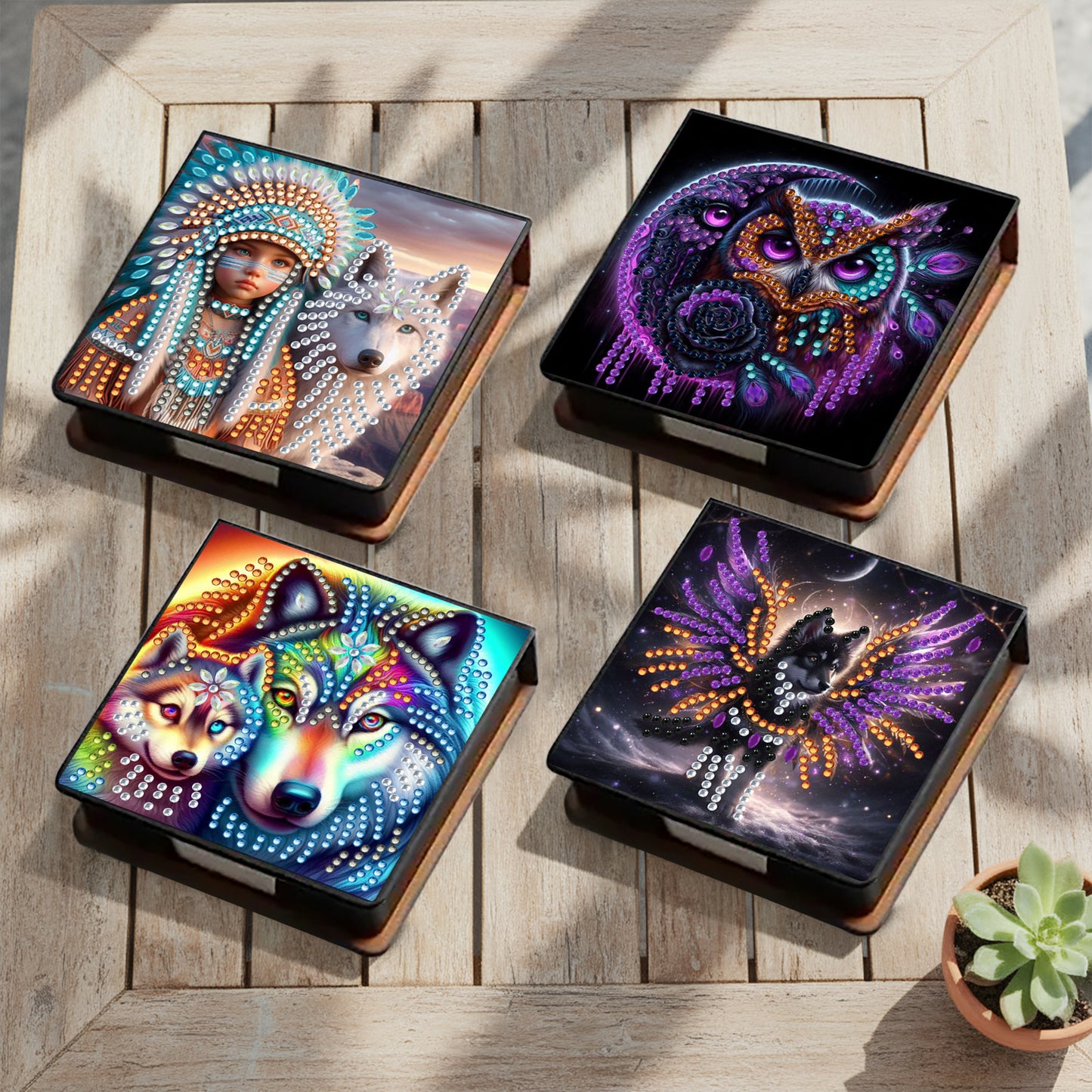 Wolf and Owl PU DIY 5D Diamond Painting Note Box 640 Blank Notepads for Office