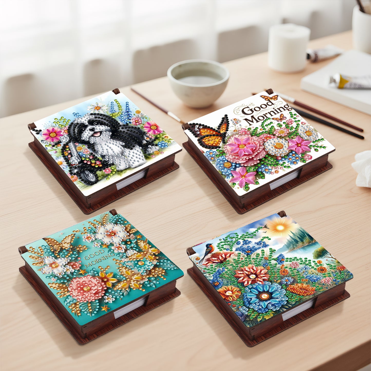 Butterflies and Flowers Wooden DIY 5D Diamond Painting Note Box for Office Home