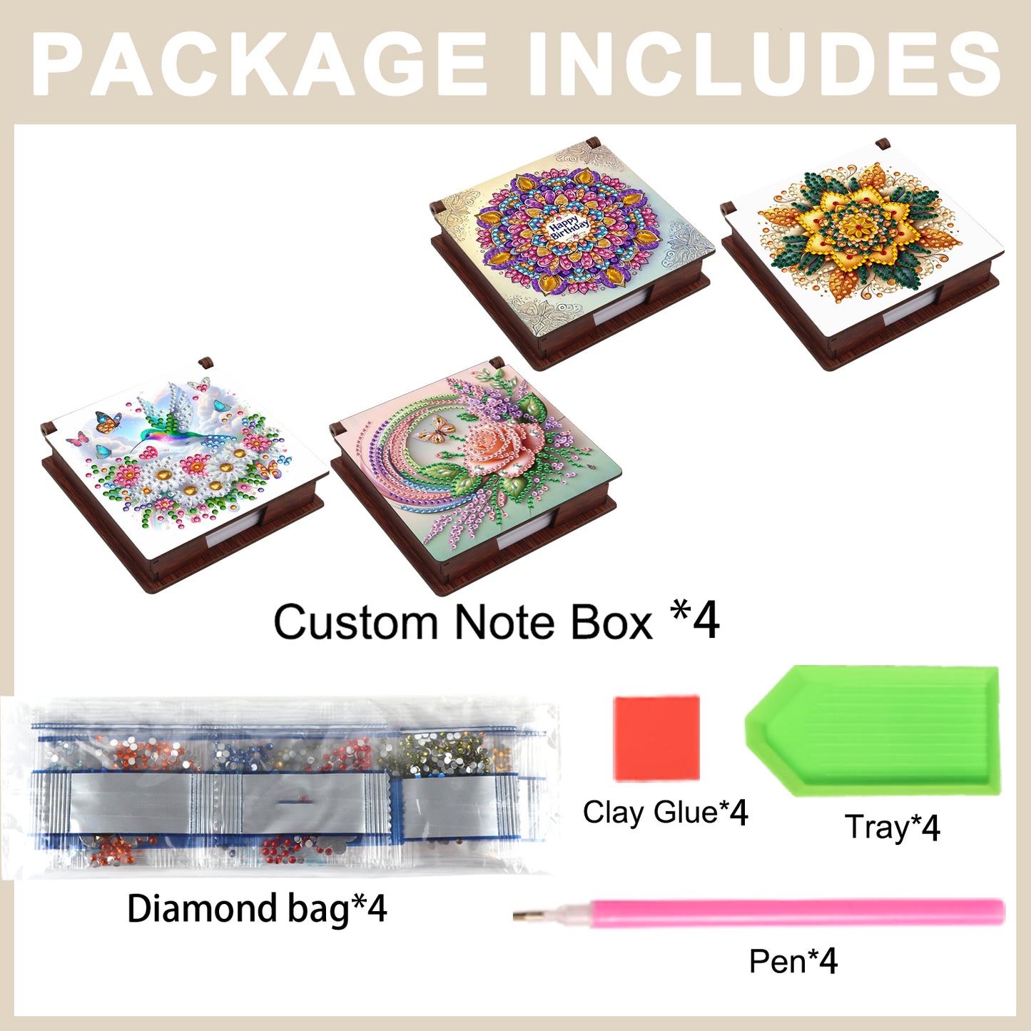 Flowers Wooden DIY 5D Diamond Painting Note Box 640 Notepads for Office Home
