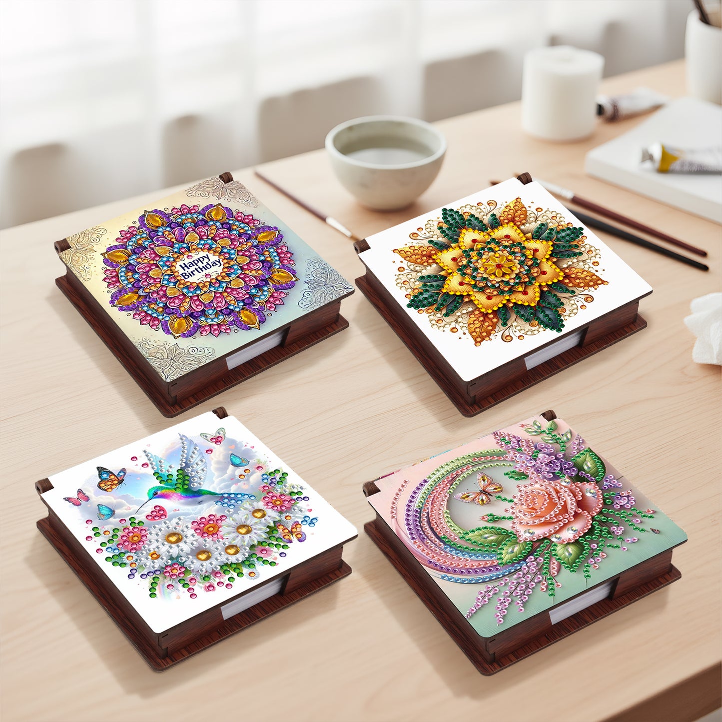 Flowers Wooden DIY 5D Diamond Painting Note Box 640 Notepads for Office Home