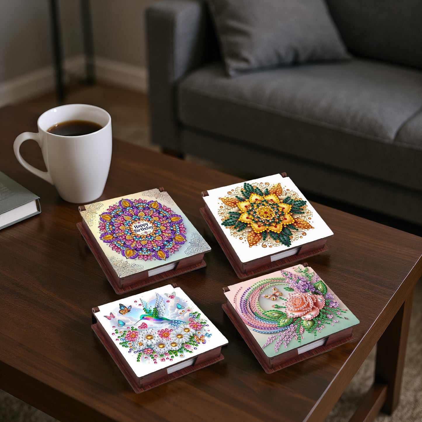 Flowers Wooden DIY 5D Diamond Painting Note Box 640 Notepads for Office Home