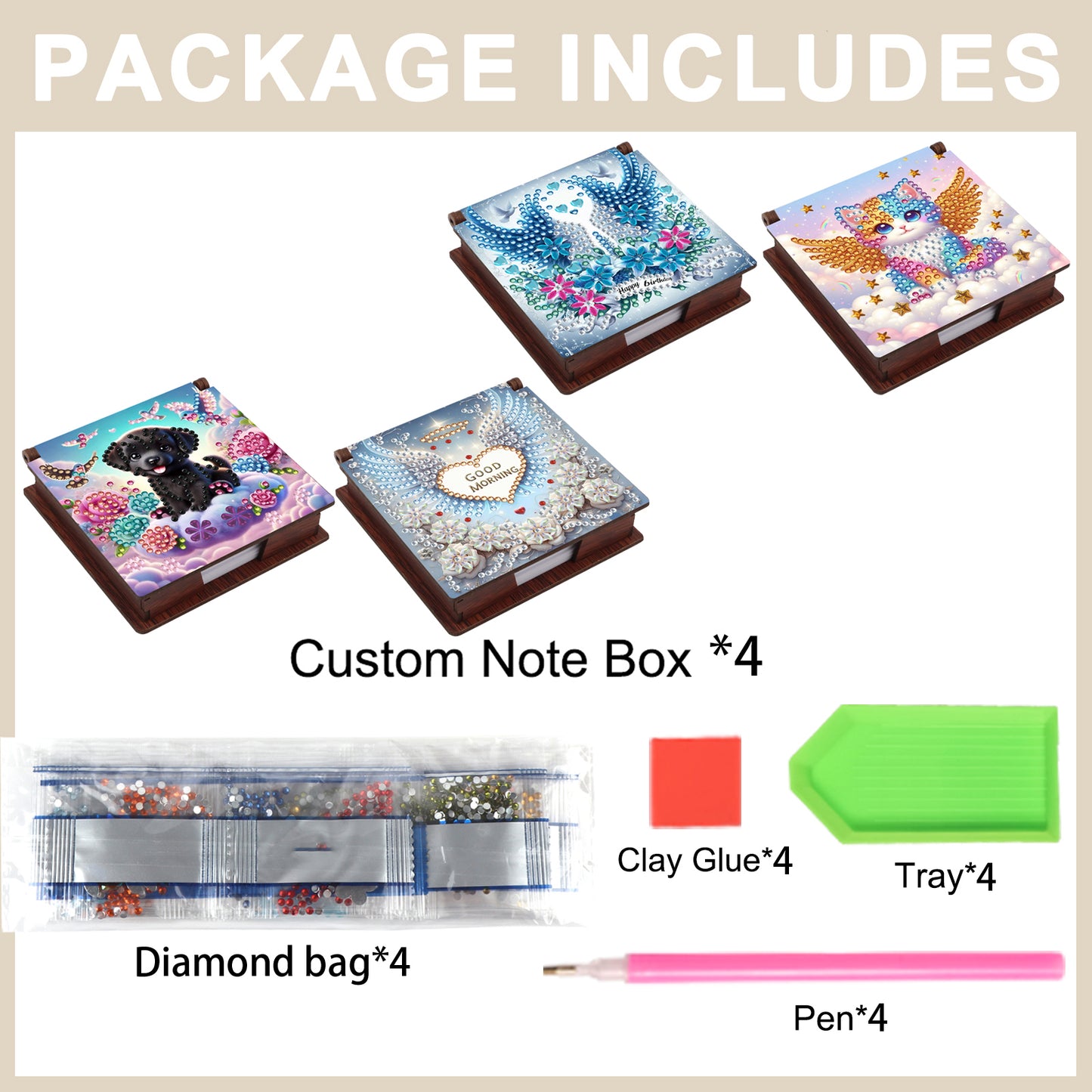 Animal Angels Wooden DIY 5D Diamond Painting Note Box 640 Notepads Office Home