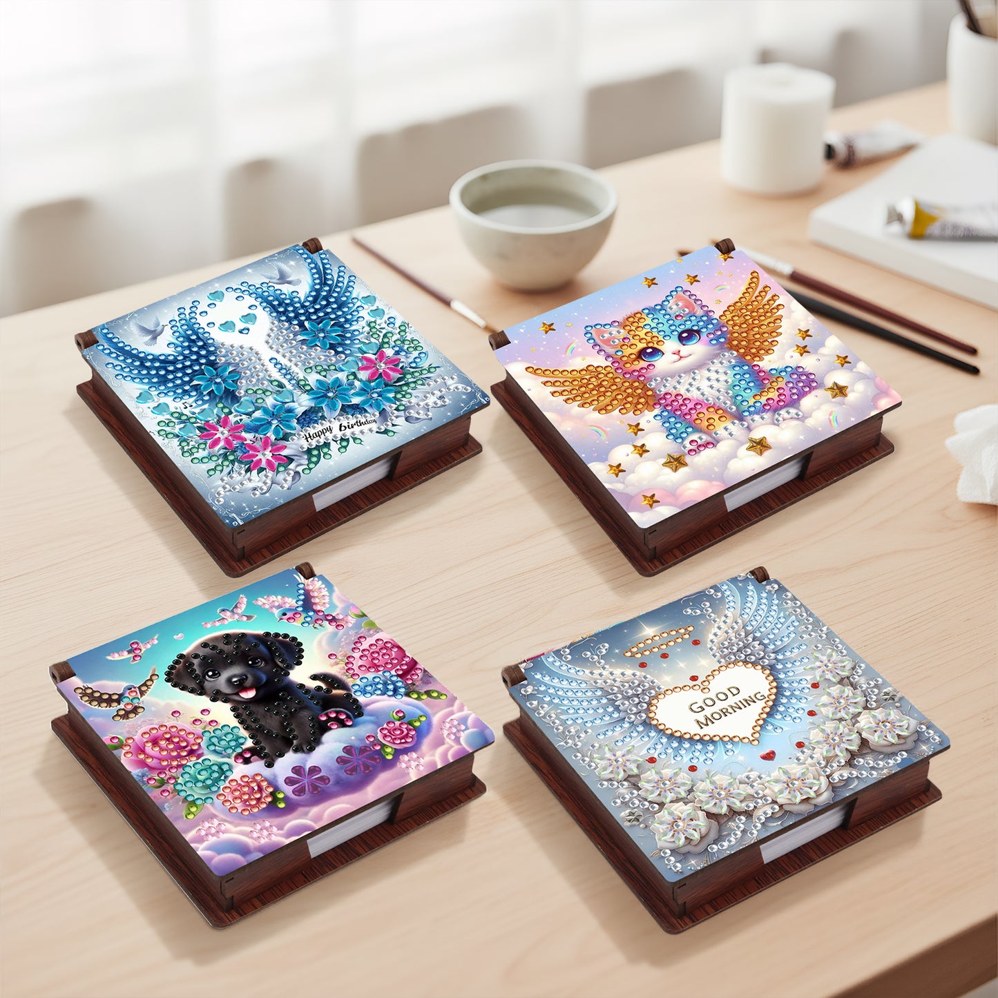 Animal Angels Wooden DIY 5D Diamond Painting Note Box 640 Notepads Office Home
