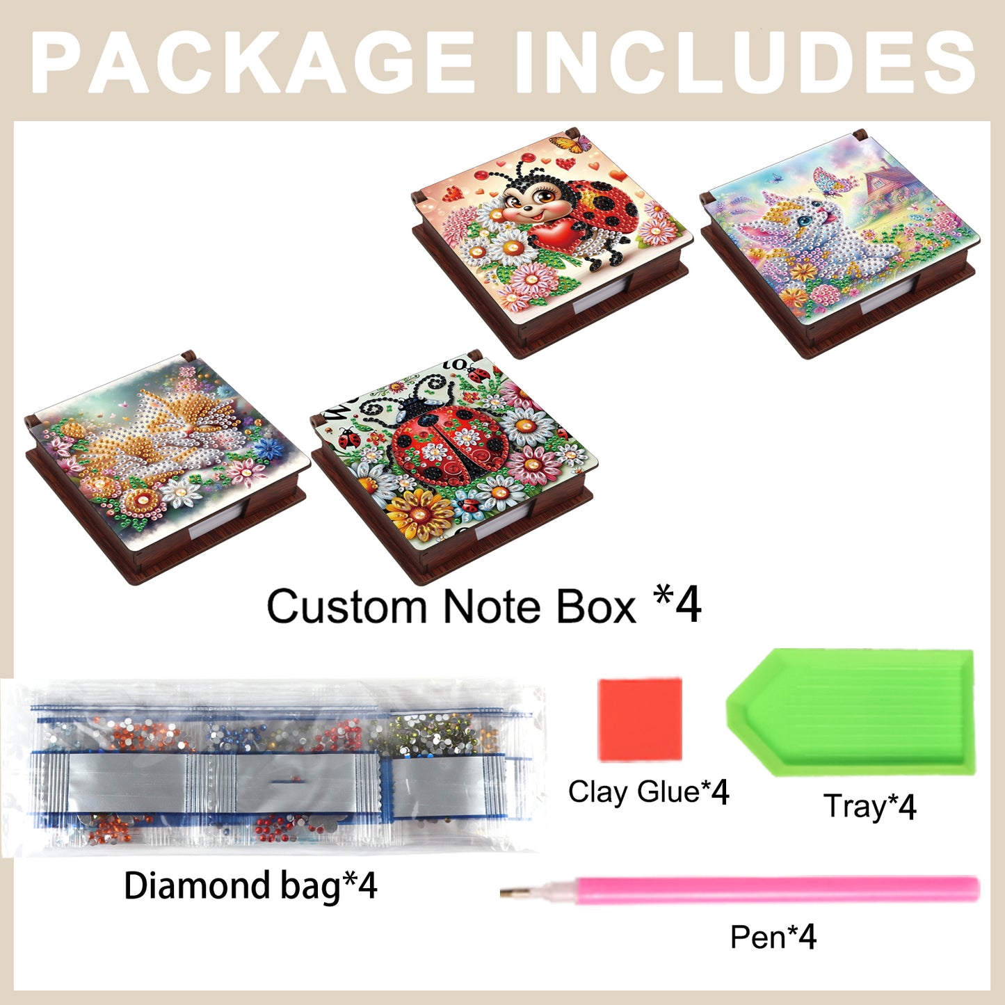 Insects and Animals Wooden DIY 5D Diamond Painting Note Box 640 Notepads Office