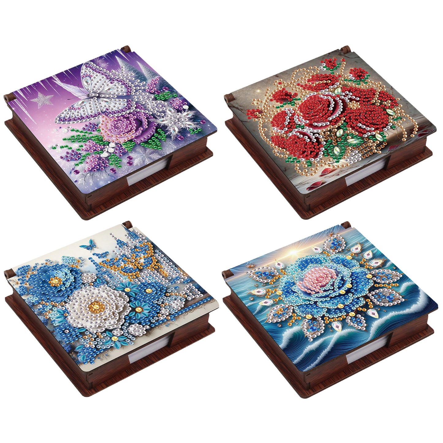 Blue Flowers Wooden DIY 5D Diamond Painting Note Box 640 Notepads Office Home