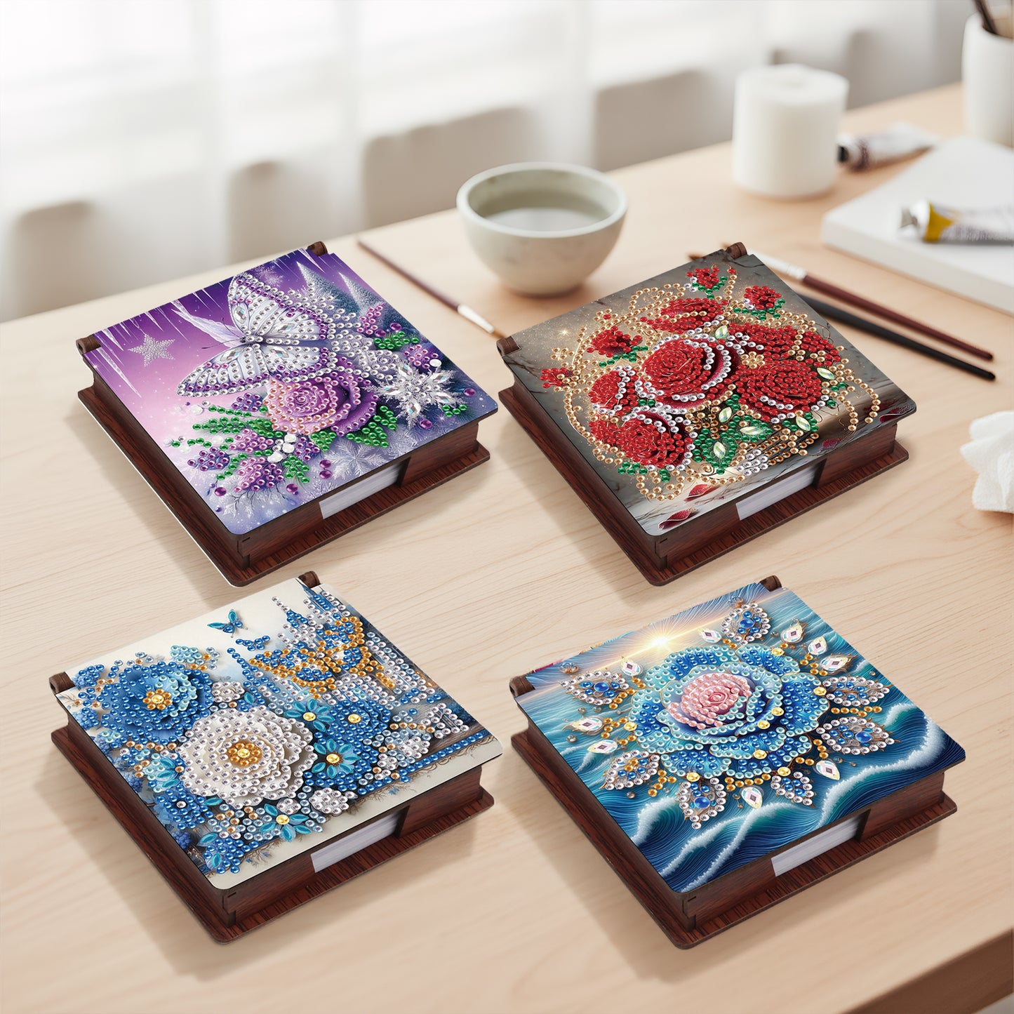 Blue Flowers Wooden DIY 5D Diamond Painting Note Box 640 Notepads Office Home