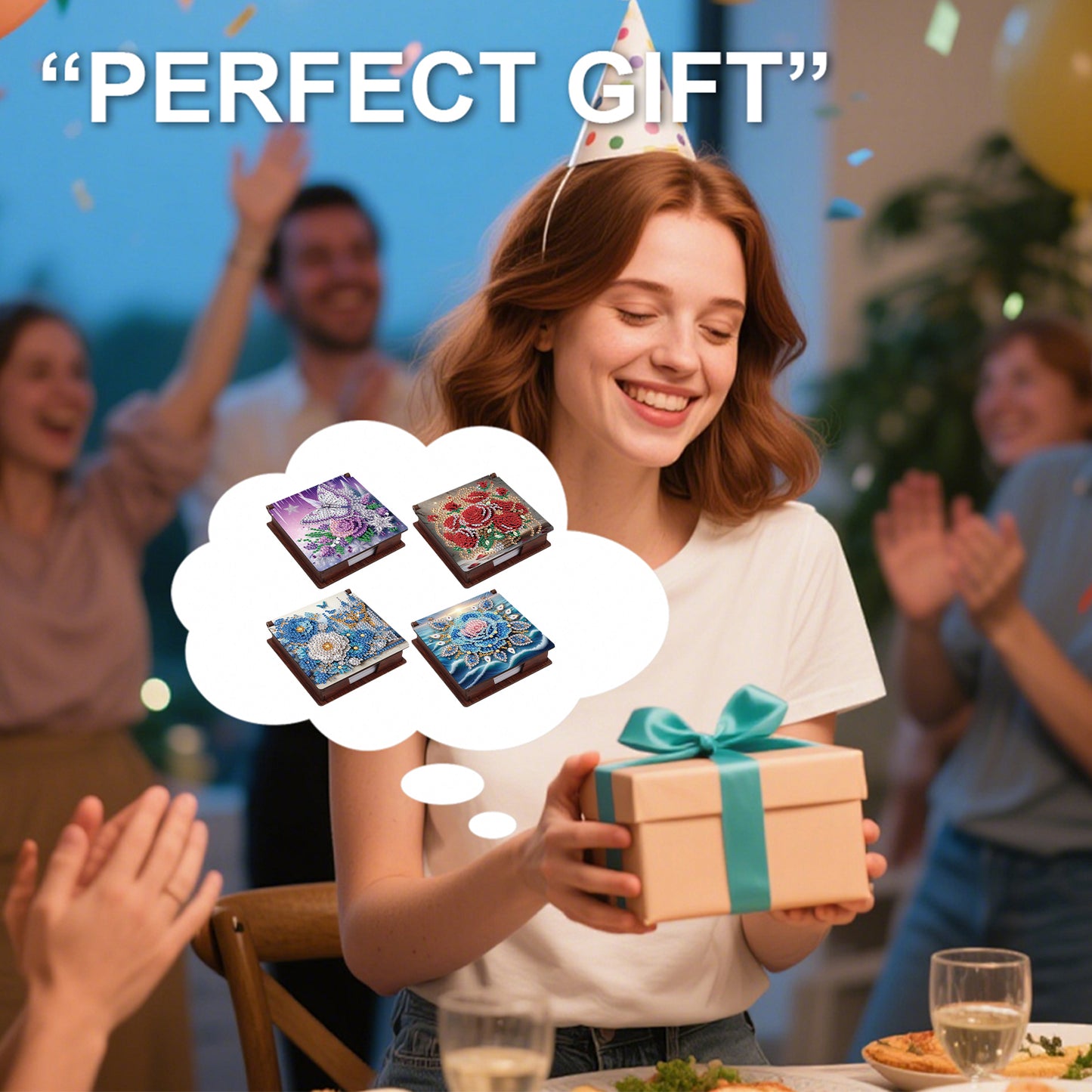 Blue Flowers Wooden DIY 5D Diamond Painting Note Box 640 Notepads Office Home