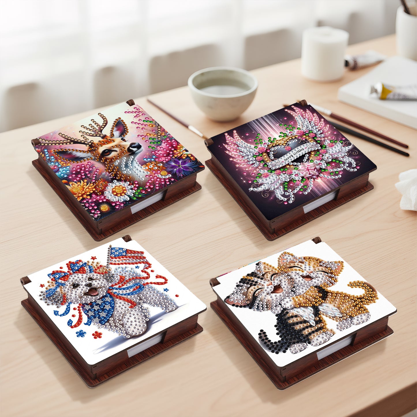 Animals Wooden DIY 5D Diamond Painting Note Box 640 Notepads for Office Home