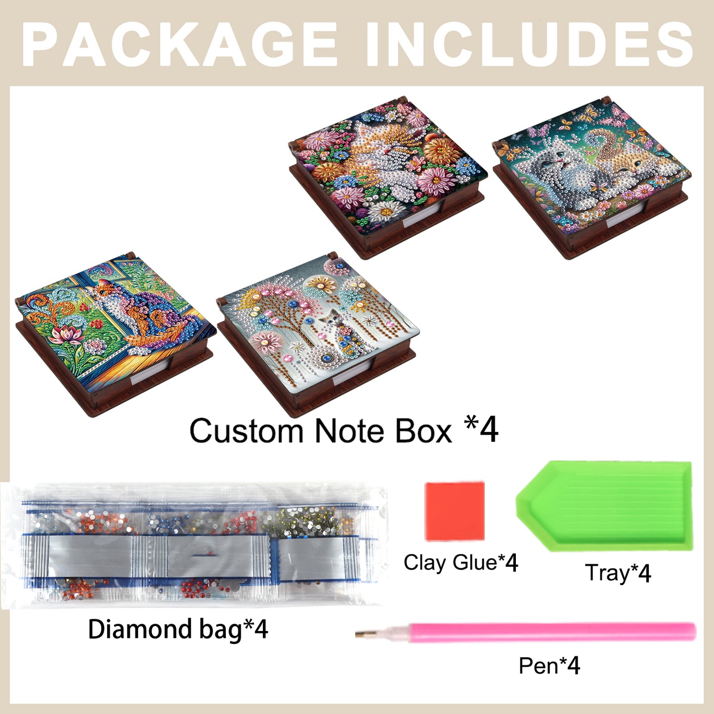 Kitty Wooden DIY 5D Diamond Painting Note Box 640 Notepads Office Home