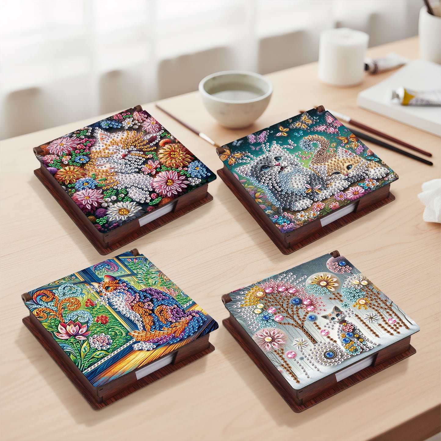 Kitty Wooden DIY 5D Diamond Painting Note Box 640 Notepads Office Home