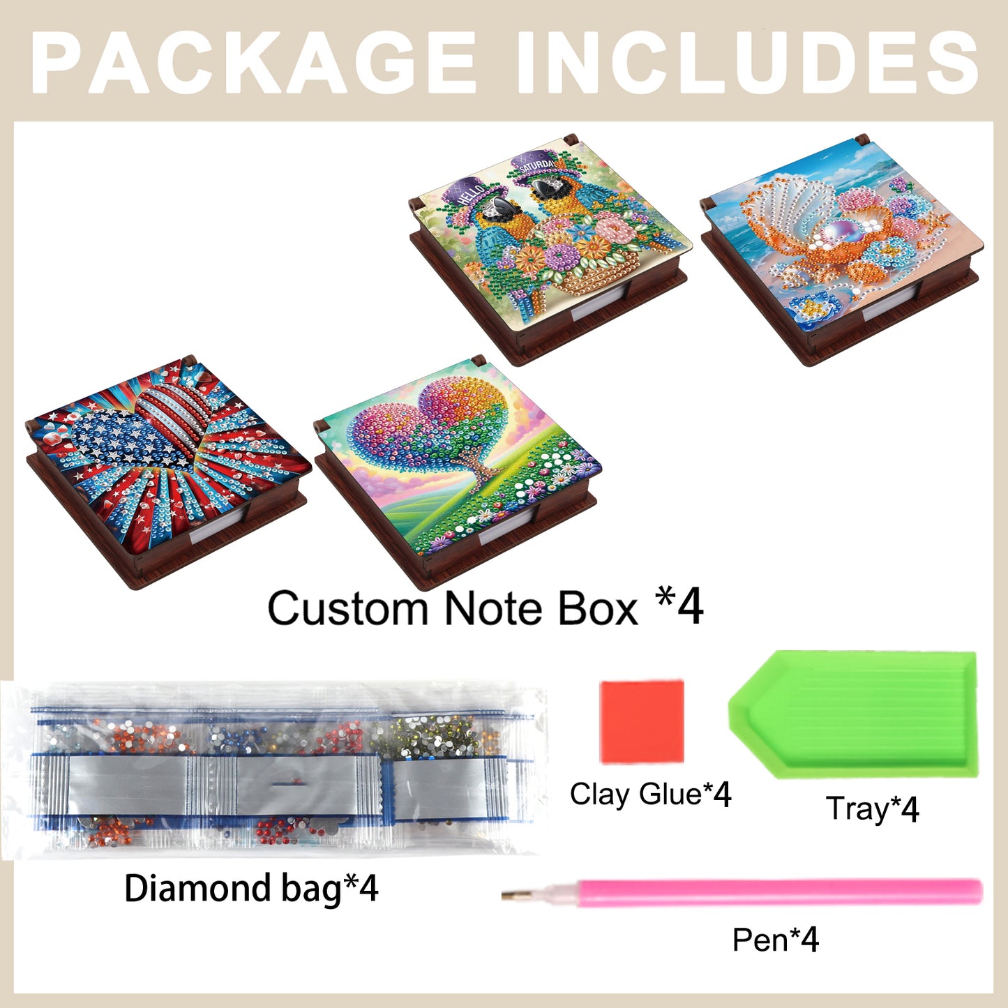 Birds and Hearts Wooden DIY 5D Diamond Painting Note Box 640 Notepads for Office